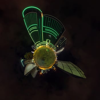 tiny planet in night sky in city center near modern skyscrapers or office buildings. Transformation of spherical 360 panorama in abstract aerial view. photo