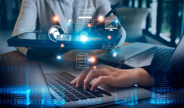 Online transactions, Businessman touching fingerprint scan provides security interface payment shopping banking and cloud computing network connection on virtual screen. photo