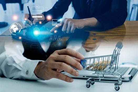 Online transactions, Businessman touching fingerprint scan provides security interface payment shopping banking and cloud computing network connection on virtual screen. photo
