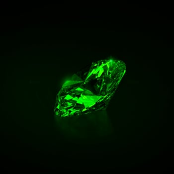 Green dazzling diamond on black background. 3D render photo