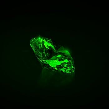 Green dazzling diamond on black background. 3D render photo