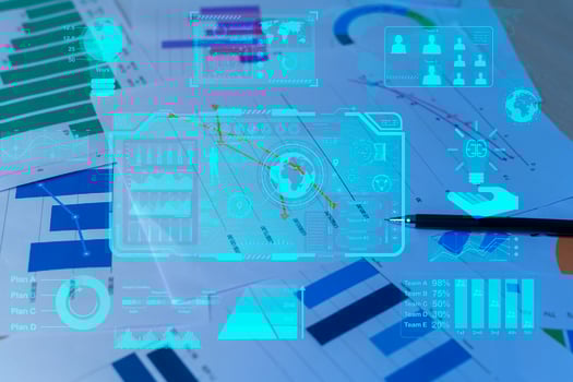 Background of documents with analytics data lying on table photo
