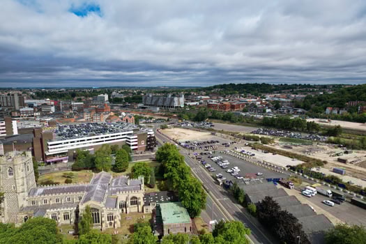 Aerial View of City Centre and Buildings at Luton Town of England from Central Railway Station of UK, Drone's High Angle Editorial Footage. photo