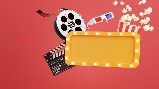 3d render of cinema billboard,popcorn,filmstrip,clapper,tickets,3d glasses photo