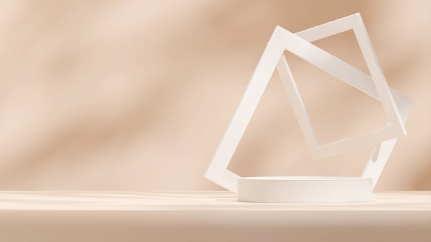 Brown color minimal empty space white podium with frame backdrop in landscape 3d background mockup photo