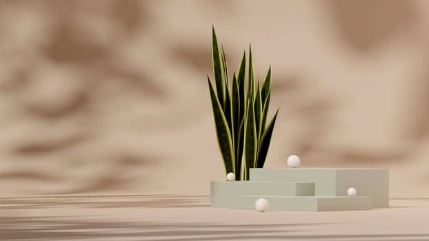 3D render template green podium in landscape with white sphere, snake plant, and tan background photo