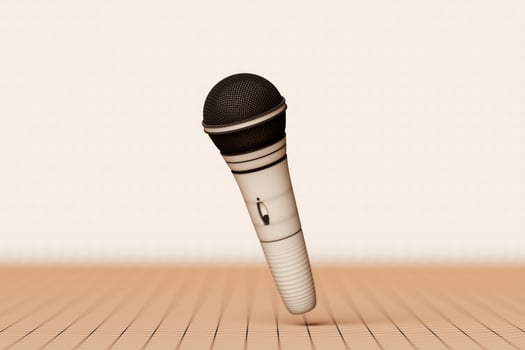 Beige microphone,   model  on monochrome background, 3d illustration. music award, karaoke, radio and recording studio sound equipment photo