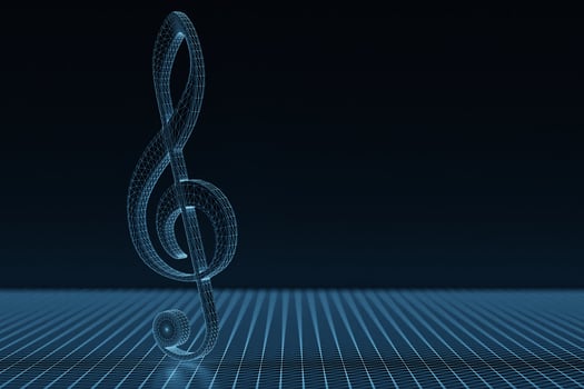 Realistic blue metal treble clef on a black  background. 3d golden musical symbol photo