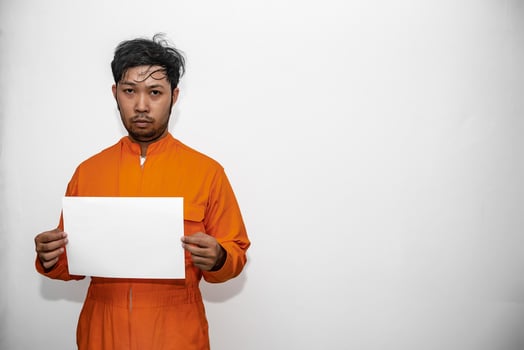 Portrait of prisoner on white background,Asian bad guy,The criminal was arrested by the police. photo