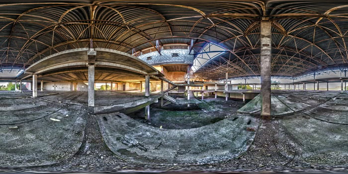 Full spherical seamless hdri panorama 360 degrees angle view concrete structures stairs abandoned unfinished building of airport. 360 panorama in equirectangular equidistant projection, VR AR content photo