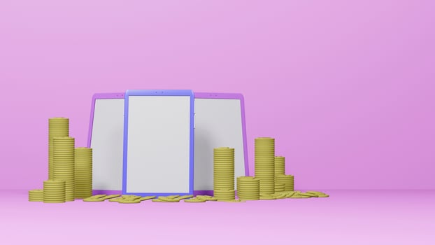 3 mobile phones and bitcoins on light pink background, 3D render photo