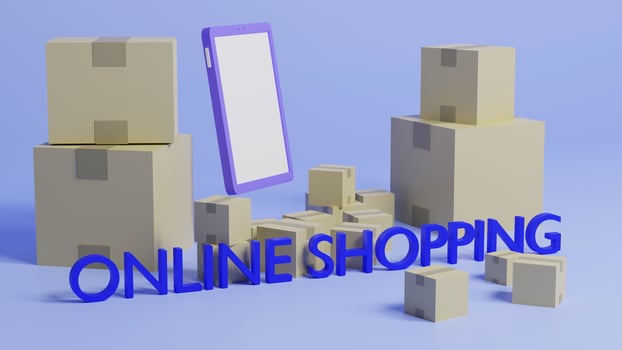 Online shopping concept, cell phone and Paper cartons or parcel laid on blue background, 3D render. photo