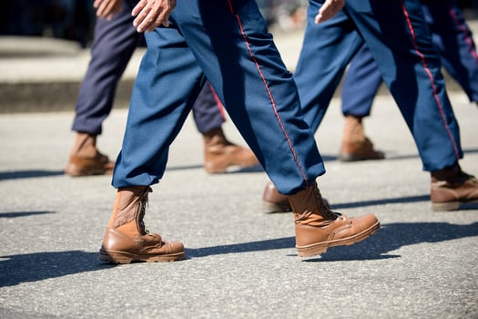 Military marching in a street. Legs and shoes in line photo