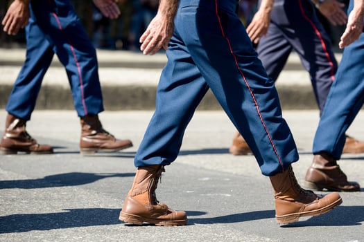 Military marching in a street. Legs and shoes in line photo