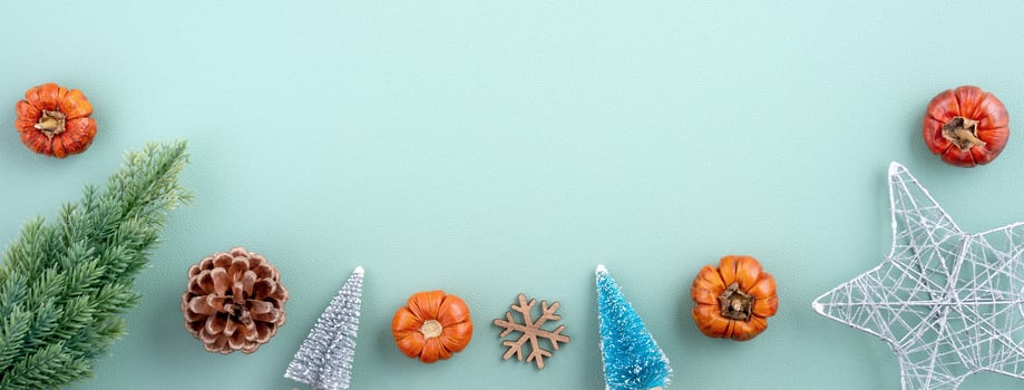 Top view of Christmas holiday background. Composition of festive ornament decor flatlay. photo