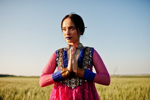 Tender indian girl in saree, with violet lips make up posed at field in sunset. Fashionable india model. photo