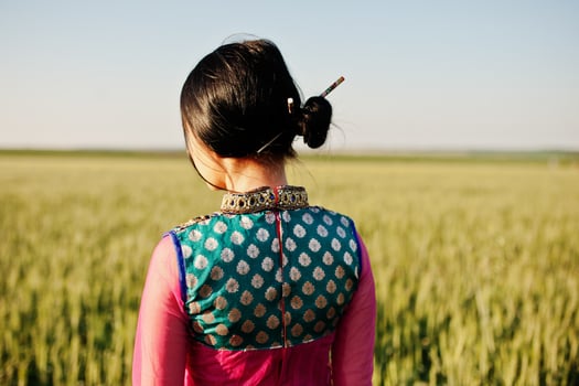 Tender indian girl in saree, with violet lips make up posed at field in sunset. Fashionable india model. photo