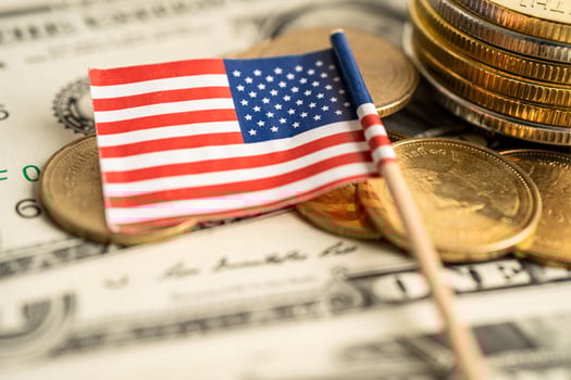 Stack of coins money with USA America flag, finance banking concept. photo