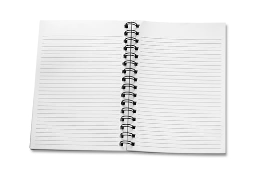 open spiral notebook isolated on white background photo