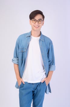 Portrait of asian man wearing glasses over white background studio, eyecare concept. photo