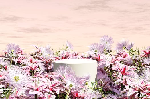 Platform and Natural podium backdrop with pink flowers field, cloud and sky background for product display.  landscape scene background 3d rendering photo