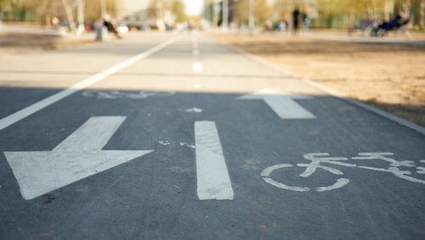 Bicycle symbol on city street against the background of park and walking people in blur. photo