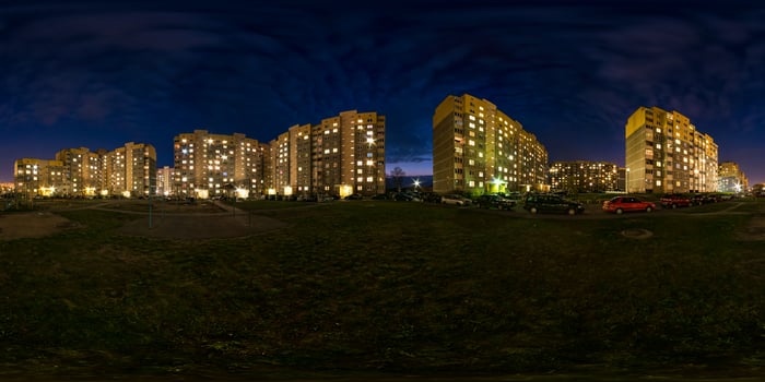 full seamless spherical hdri night panorama 360 degrees angle view light in windows of multistory building area of urban development residential quarter in equirectangular projection, AR VR content photo