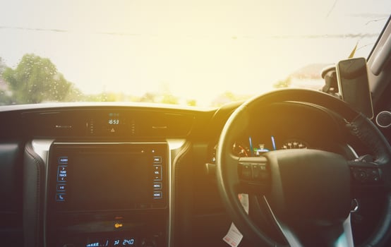 Interior view of the car on the highway.Vintage filter photo