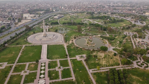 The Historical Tower of Pakistan, Minar e Pakistan at Lahore City of Punjab Pakistan, The tower is located in the middle of an urban park, called the Greater Iqbal Park. photo