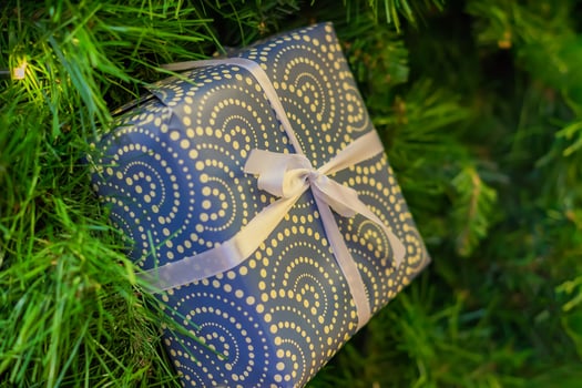 Christmas and New Year holidays background. Christmas tree with garland and giftbox with a bow photo