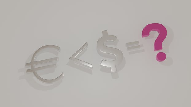 Euro and dollar symbols are inserted into mathematical problem at end of which is question. 3D illustration. photo