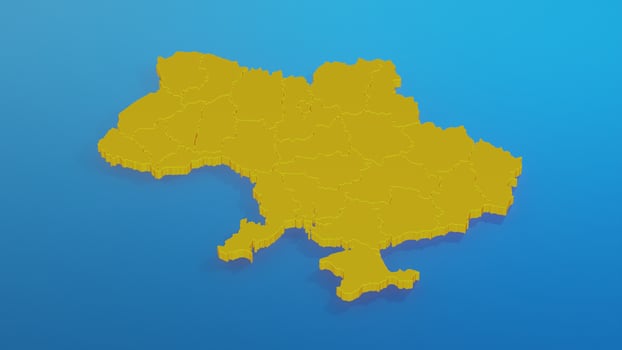 3D rendering. Map of Ukraine in yellow color on which regions are drawn, on blue background. photo