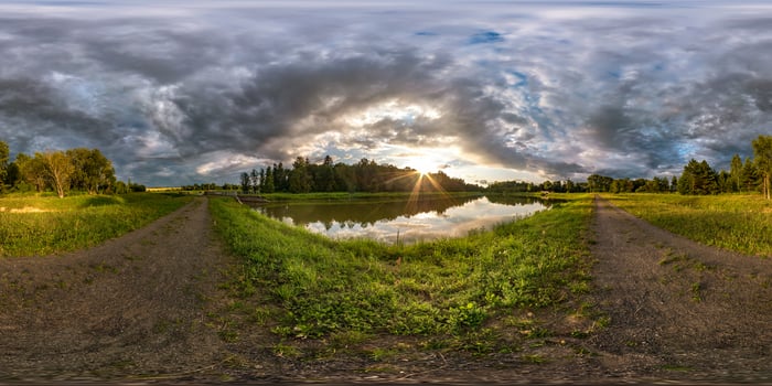 full seamless spherical hdri panorama 360 degrees angle view on the shore of lake in evening before storm with black clouds in equirectangular projection, ready VR virtual reality content photo