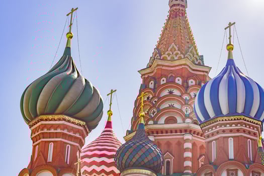 St Basil's cathedral on Red Square in Moscow. Domes the cathedral lit by the sun photo