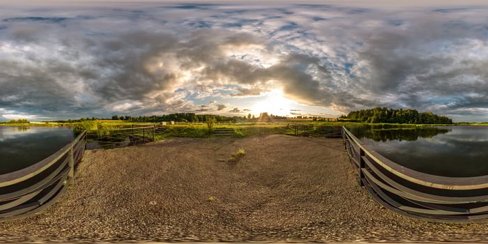full seamless spherical hdri panorama 360 degrees angle view on concrete pier near lake in evening in equirectangular projection with zenith, ready VR AR virtual reality content photo