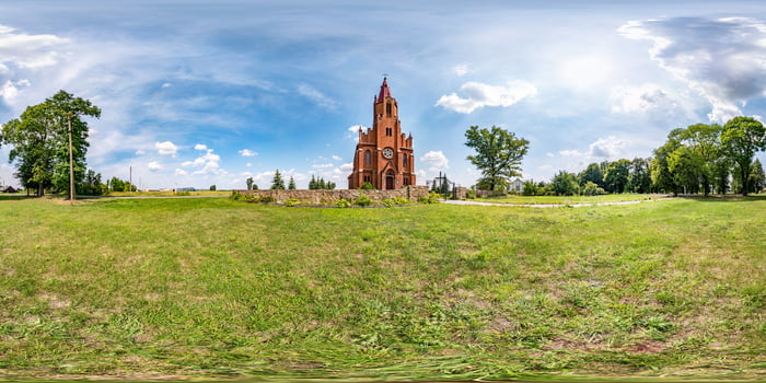 full seamless spherical hdri panorama 360 degrees angle view near neo gothic catholic church of ascension of mary in equirectangular projection with zenith and nadir, AR VR content photo