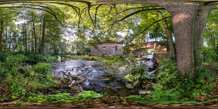 full seamless spherical hdri panorama 360  degrees angle view near abandoned water mill narrow fast river in sunny morning in equirectangular projection with zenith and nadir. VR AR content photo