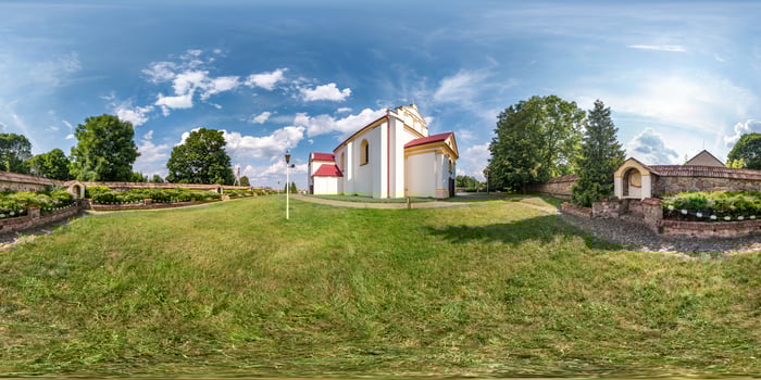 full seamless spherical hdri panorama 360 degrees angle view near neo gothic catholic church in small village in equirectangular projection with zenith and nadir, AR VR content photo