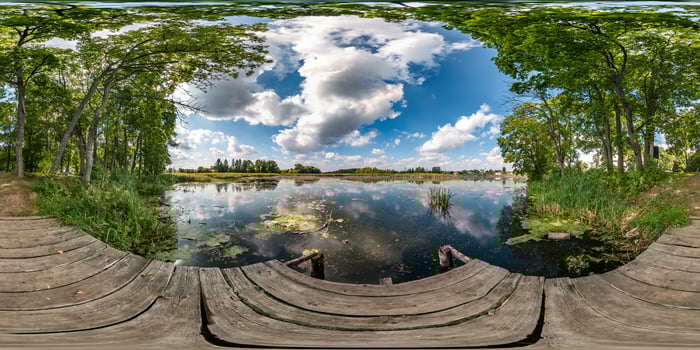 full seamless spherical hdri panorama 360 degrees angle view on wooden pier among the bushes of forest near river or lake in equirectangular projection, ready VR AR virtual reality content photo