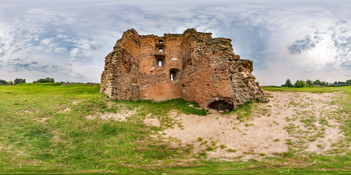 seamless spherical hdri panorama 360 degrees angle view near wall of ruined castle of Grand Duchy of Lithuaniain equirectangular projection with zenith and nadir, ready for  VR virtual reality content photo