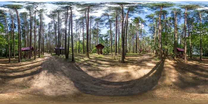 full seamless spherical hdri panorama 360 degrees angle view in wooden camping arbors  with all conviniences in a pine forest in equirectangular projection with zenith and nadir, for VR AR content photo