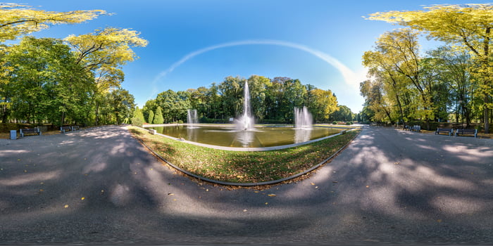full seamless spherical hdri panorama 360 degrees angle view of early autumn in empty city park near fountain equirectangular spherical projection with zenith and nadir. for VR content photo