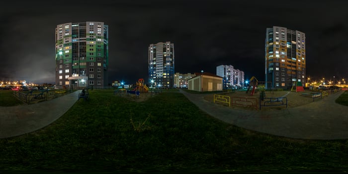full seamless spherical hdri night panorama 360 degrees angle view light in windows of multistory building area of urban development residential quarter in equirectangular projection, AR VR content photo