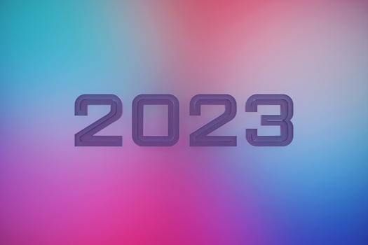 3D illustration inscription 2023 on a blue and pink  background. Changeability of years. Illustration of the symbol of the new year. photo