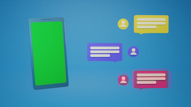 Phone with green screen on blue background. Next to bubbles of text messages in chat. photo