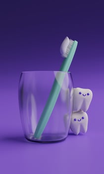 Cute cartoon tooth and toothbrush in a glass 3d render photo