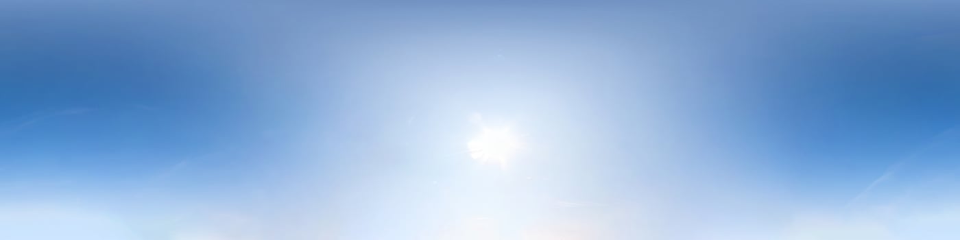 clear blue sky with scorching sun. Seamless hdri panorama 360 degrees angle view with zenith for use in 3d graphics or game development as sky dome or edit drone shot photo