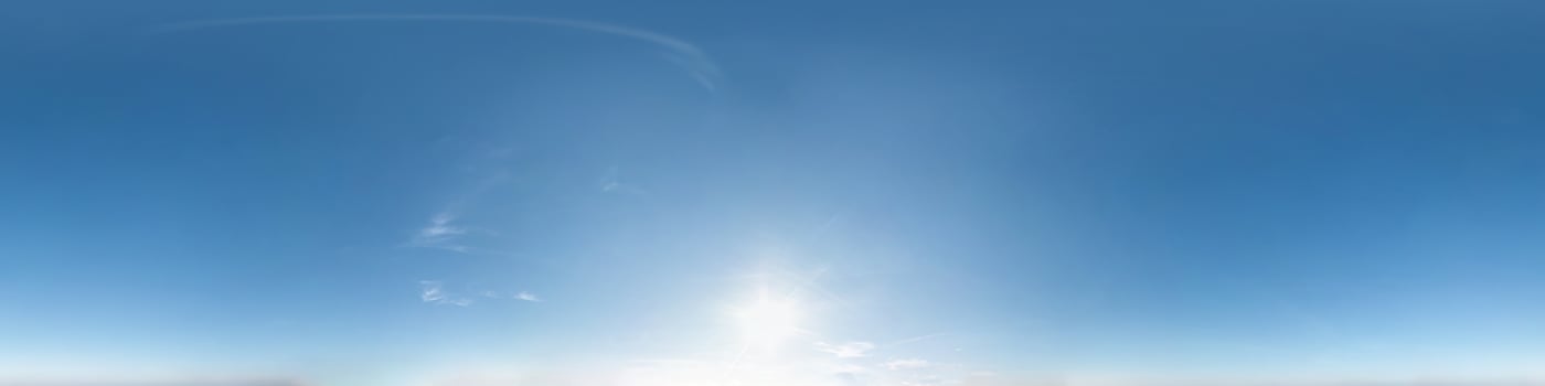 clear blue sky with scorching sun. Seamless hdri panorama 360 degrees angle view with zenith for use in 3d graphics or game development as sky dome or edit drone shot photo