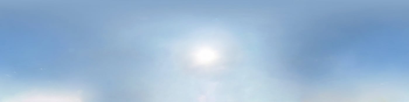 clear blue sky with halo sun. Seamless hdri panorama 360 degrees angle view with zenith for use in 3d graphics or game development as sky dome or edit drone shot photo