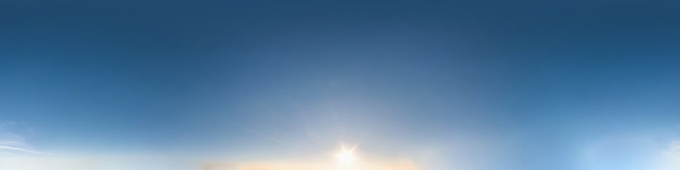 clear blue sky before sunset with beautiful awesome clouds. Seamless hdri panorama 360 degrees angle view with zenith for use in 3d graphics or game development as sky dome or edit drone shot photo